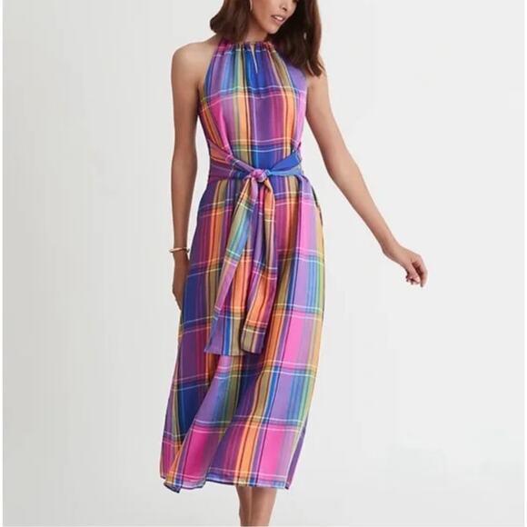 New! Ann Taylor Petite Madras Plaid‎ Belted Halter Dress, size 2P - Picture 1 of 16